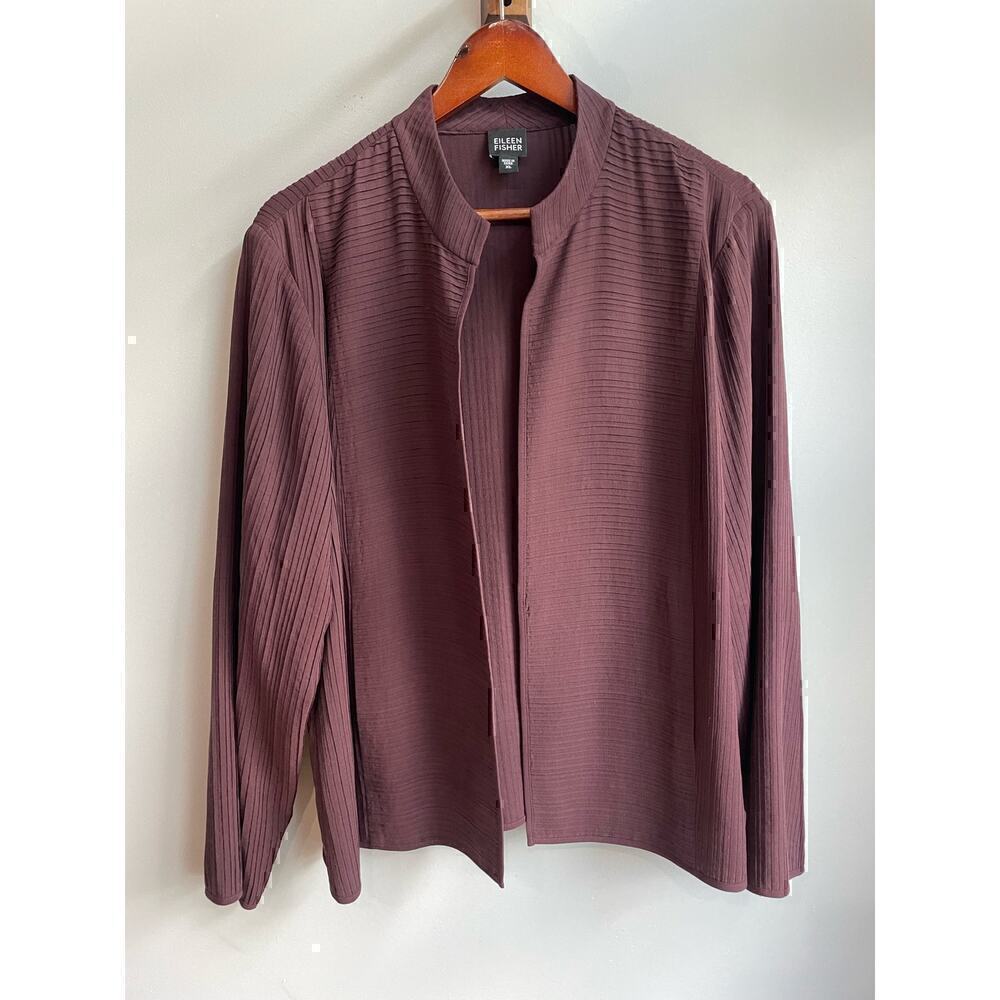Eileen Fisher Pleated Eggplant Purple Silk Open Jacket Cardigan Blazer XL